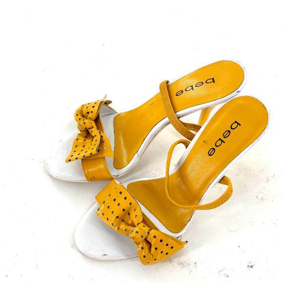 Bebe Perforated Mules Heels 5.5 Yellow Leather Sandals Glam Cocktail Resort - Picture 5 of 6